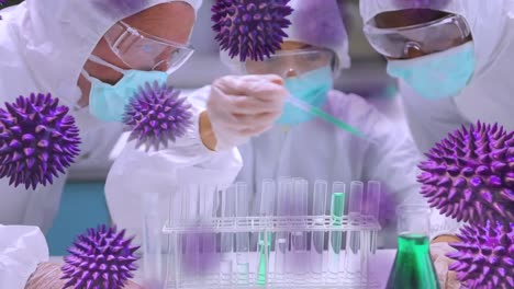 animación de la propagación del coronavirus covid19 con trabajadores de la salud en el fondo