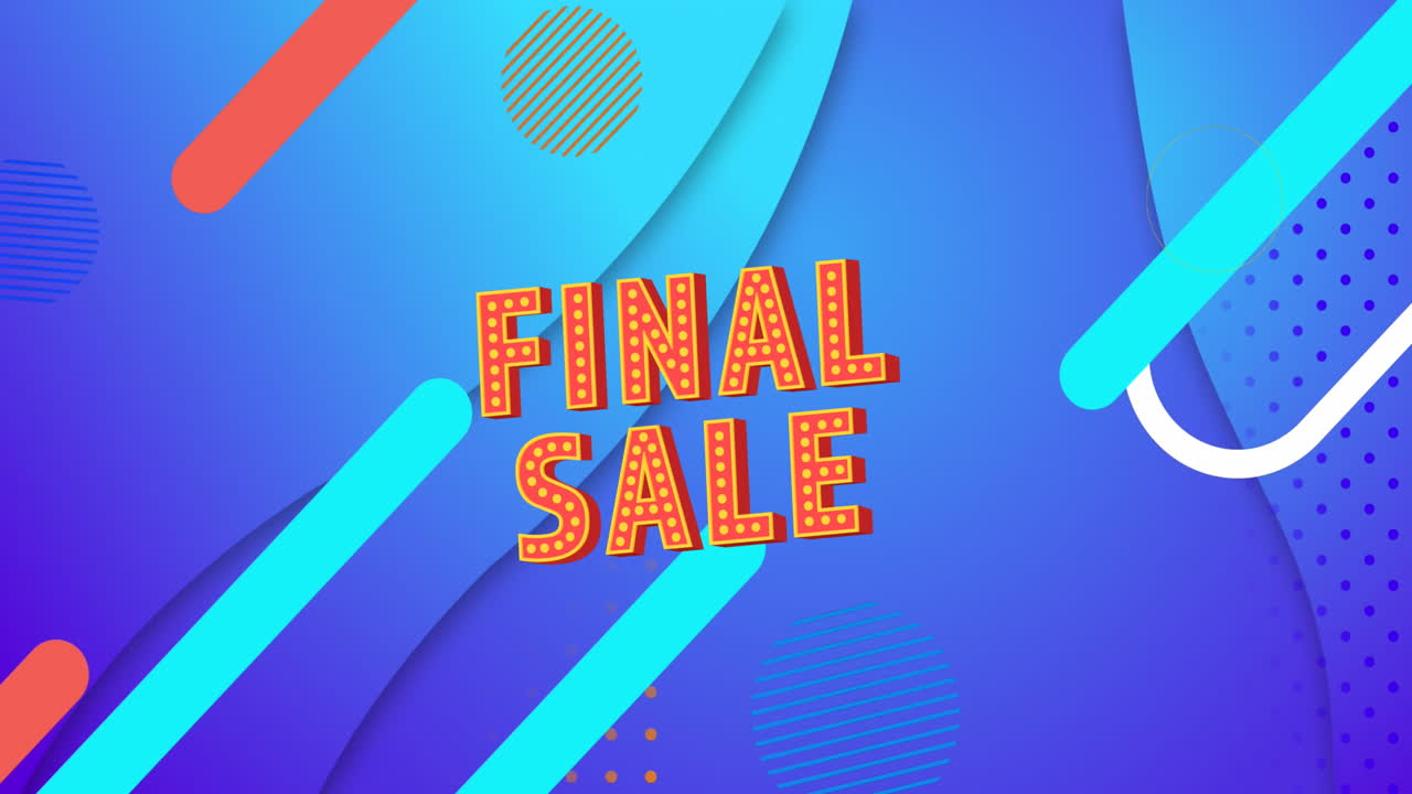 animación del banner de texto de venta final sobre formas abstractas contra un fondo de gradiente azul