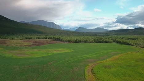 Impressive-panoramic-green-nature-scene-of-outdoor-Yukon-landscape,-flight-above-grassy-meadow-towards-evergreen-forest-and-mountain-range-in-background,-Whitehorse,-Canada,-overhead-aerial-approach