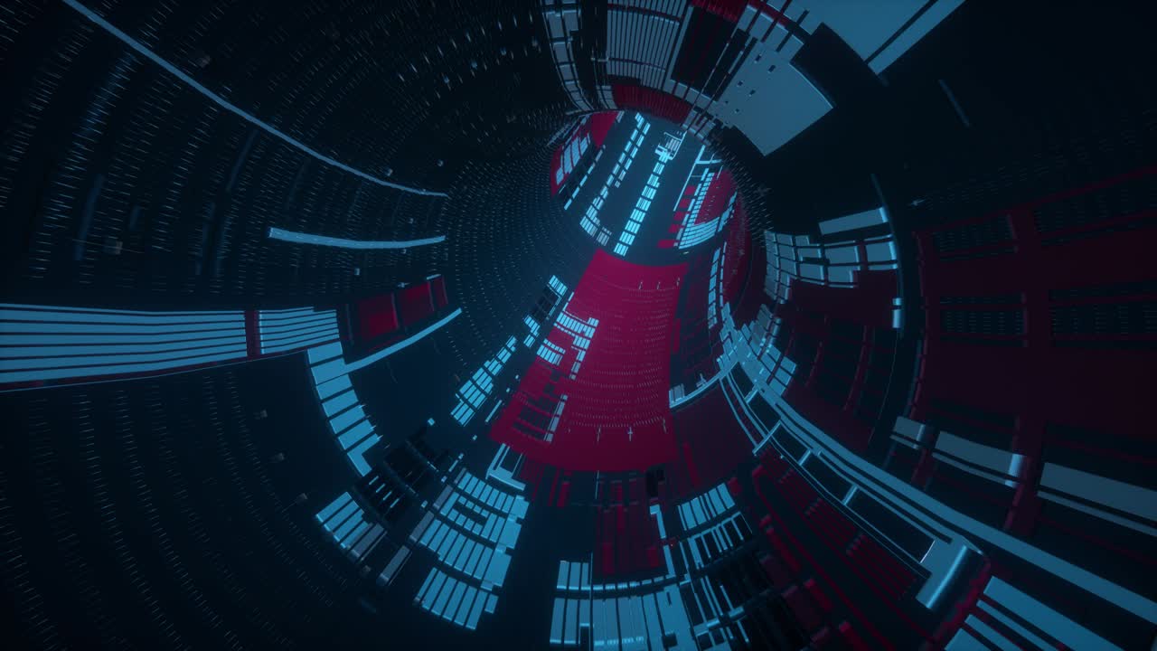 Flying into spaceship tunnel, sci-fi spaceship corridor. Futuristic technology abstract seamless VJ for tech titles and background. Seamless loop 4k resolution