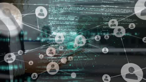 animation of network of connections over hands of caucasian businesswoman using smartphone