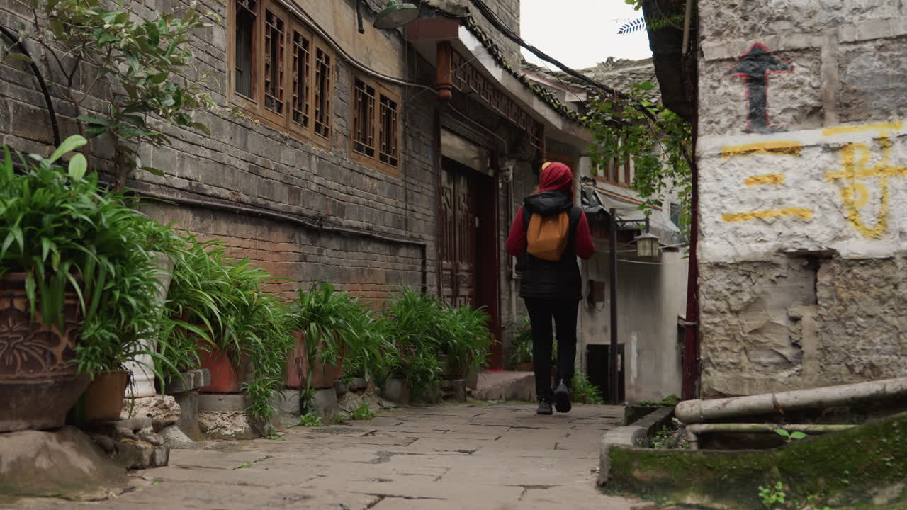Backpack clad woman walking narrow stone alley toward distant doorway, potted greenery lining brick wall, steady pace and hood up, worn pavement and mossy texture, quiet urban solitude, overcast