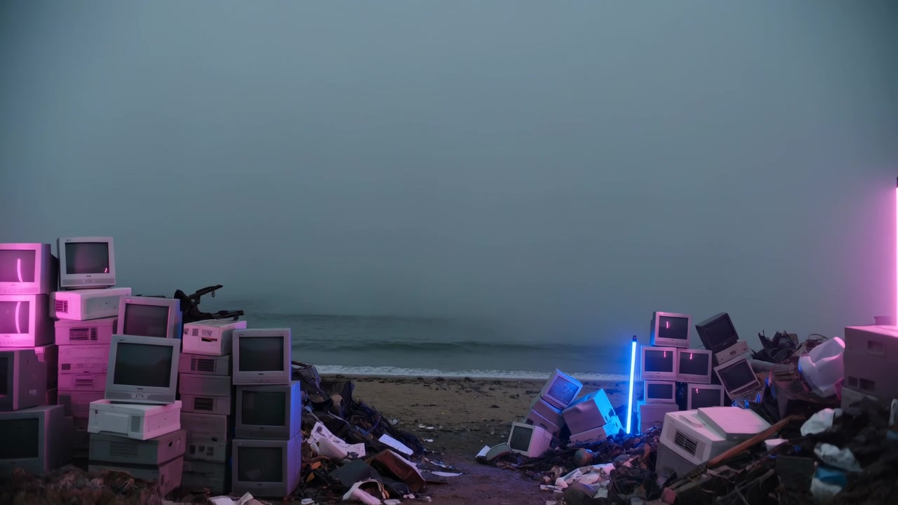 Cornici che rivelano monitor CRT impilati che incorniciano un passaggio verso una riva nebbiosa, con neon rosa e blu.