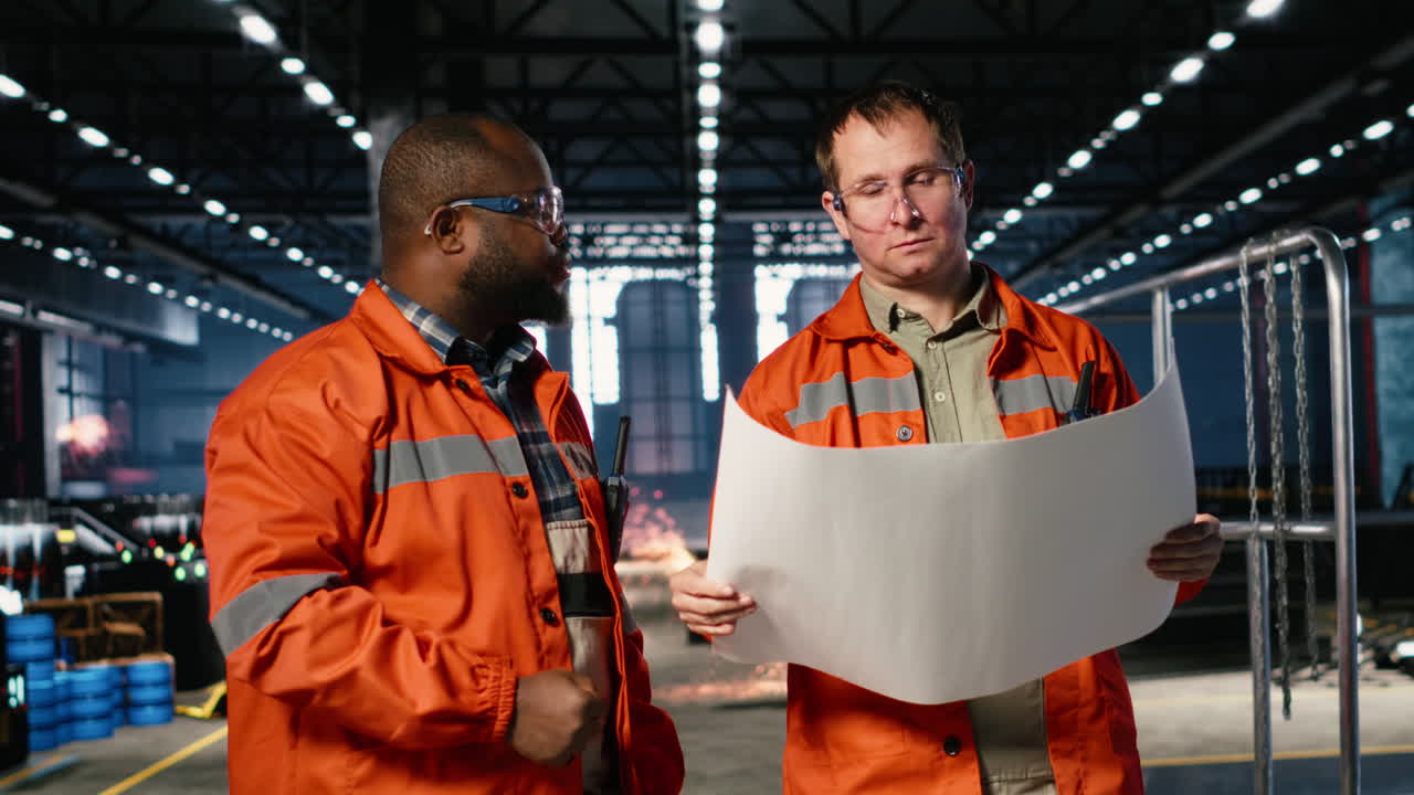 Diverse engineers handling assembly workflow with industrial plans