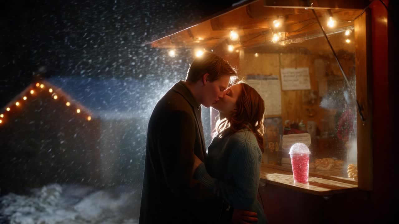 A Heartwarming Winter Moment: A Couple Shares a Tender Kiss Beneath Twinkling Lights at a Cozy Snack Stand, Surrounded by a Flurry of Snowflakes that Capture the Essence of Love in a Wintry Wonderland