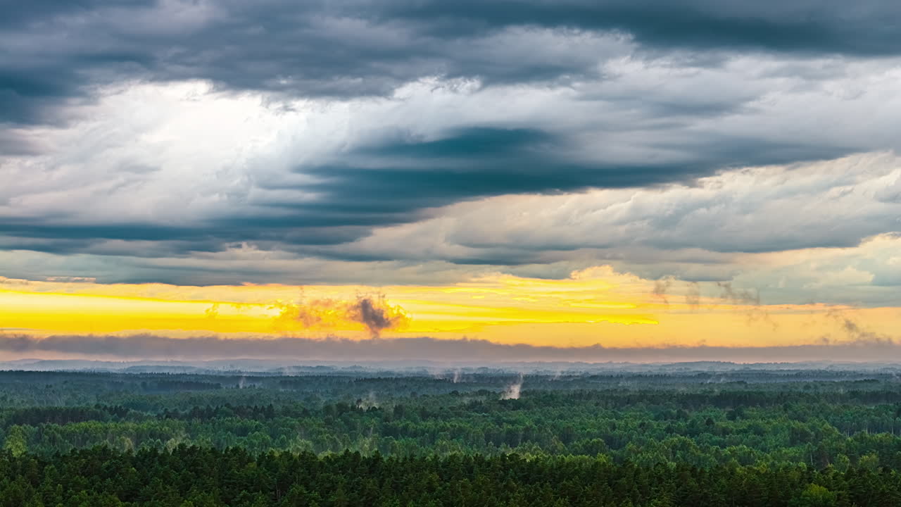Hyperlapse of forest under dramatic sky with sunset hues in the background