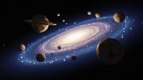 a stunning cosmic journey through a 3d representation of a spinning spiral galaxy surrounded by planets and stars, capturing the beauty of the universe in polygons