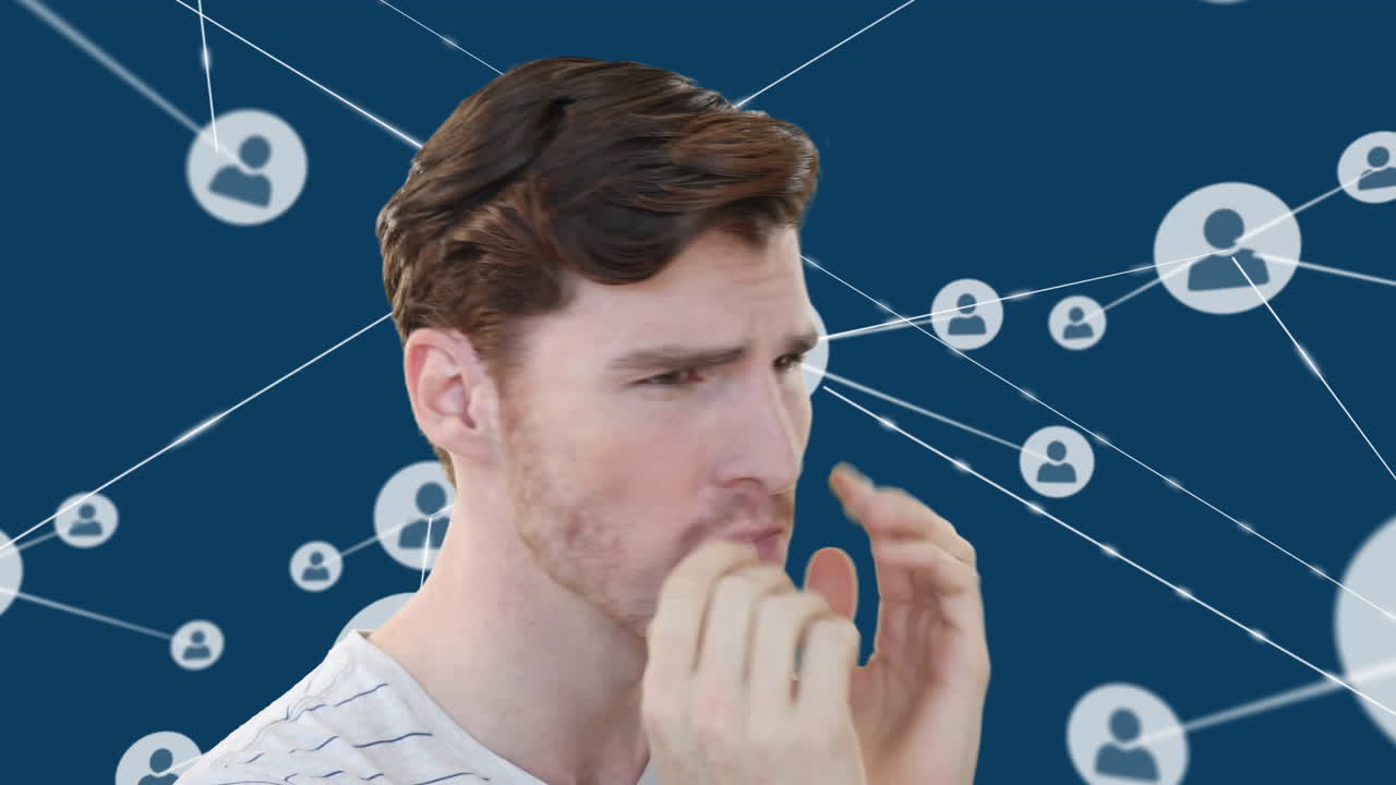 곤경에 처한 백인 남성의 애니메이션과 파란색 배경의 사람들의 네트워크 아이콘