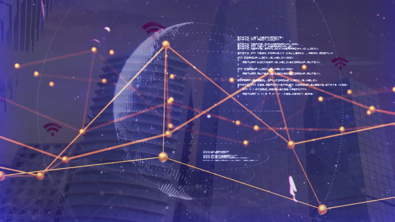 Animating central network globe above city skyline, displaying orange mesh, code and Wi?Fi icons