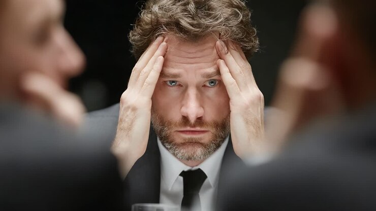 Una riunione di lavoro tesa: un uomo frustrato lotta contro la pressione mentre valuta le decisioni, circondato da colleghi invisibili che contribuiscono all'atmosfera stressante