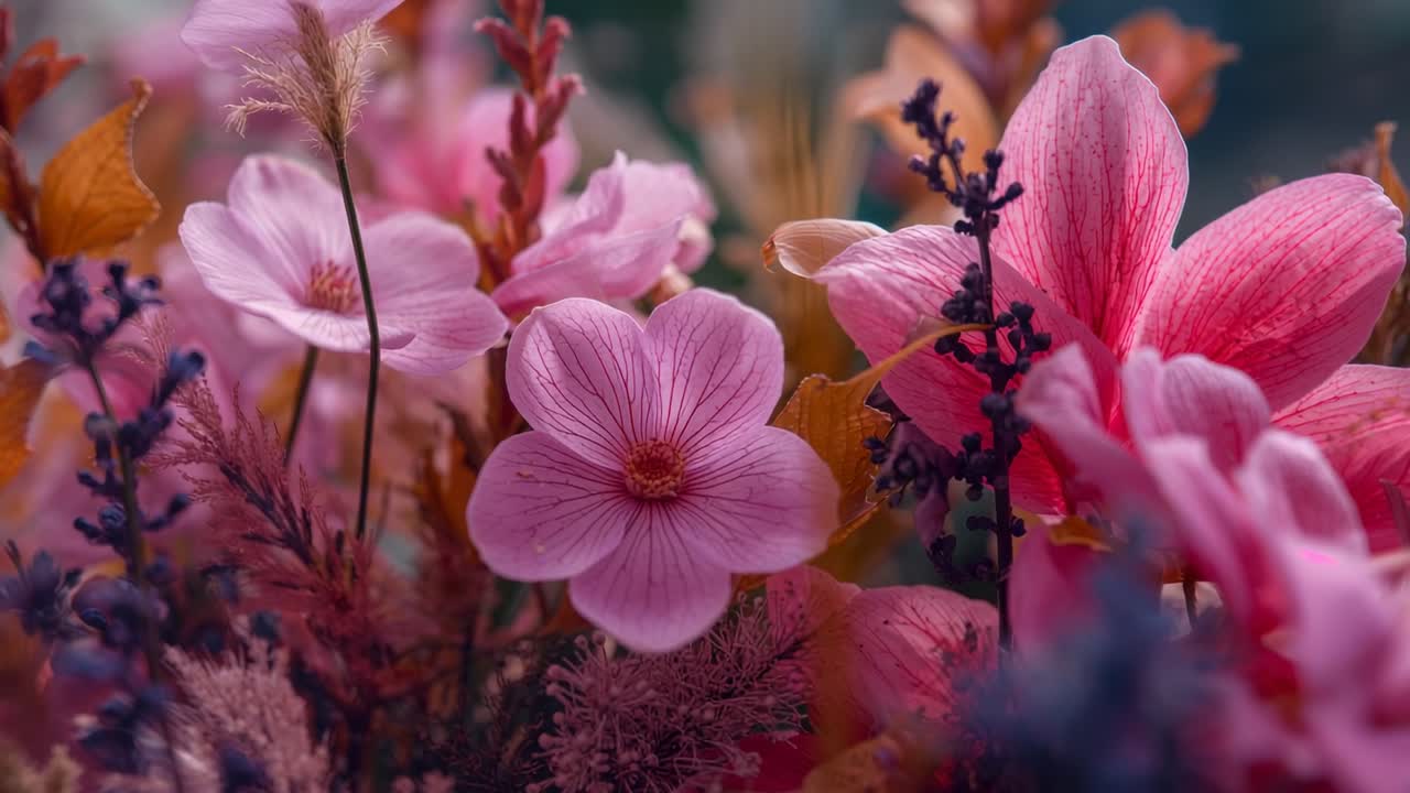 Messa a fuoco selettiva, camera che si sposta verso il centro di un fiore rosa a cinque petali in studio, enfatizzando la texture