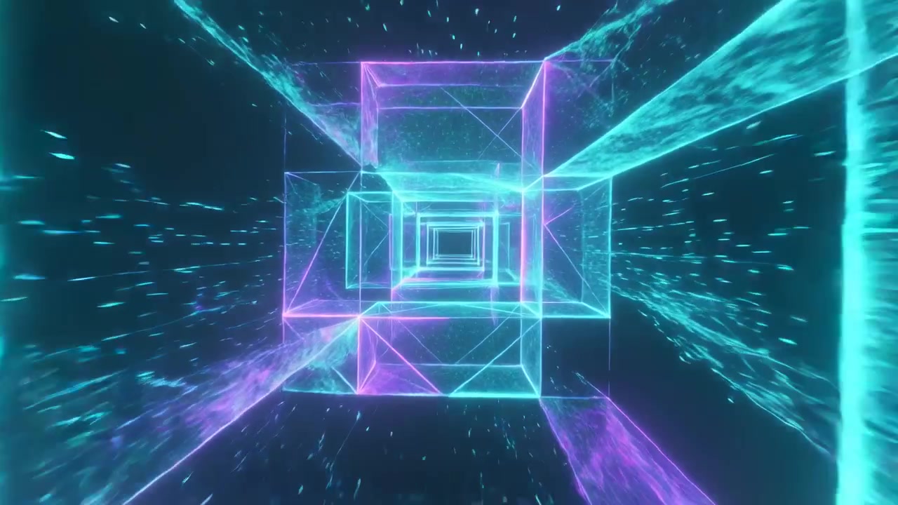 Moving camera into neon wireframe cubes, revealing nested cyan magenta frames and streaming streaks