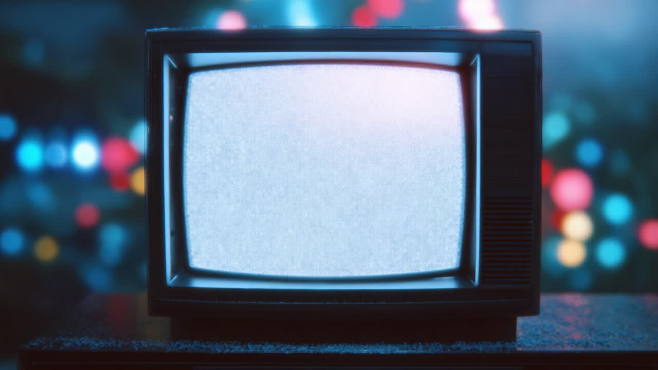Schermo di un televisore vintage con effetto statico e sfondo bokeh colorato in un'atmosfera distopica, che cattura l'essenza della tecnologia mediatica nostalgica