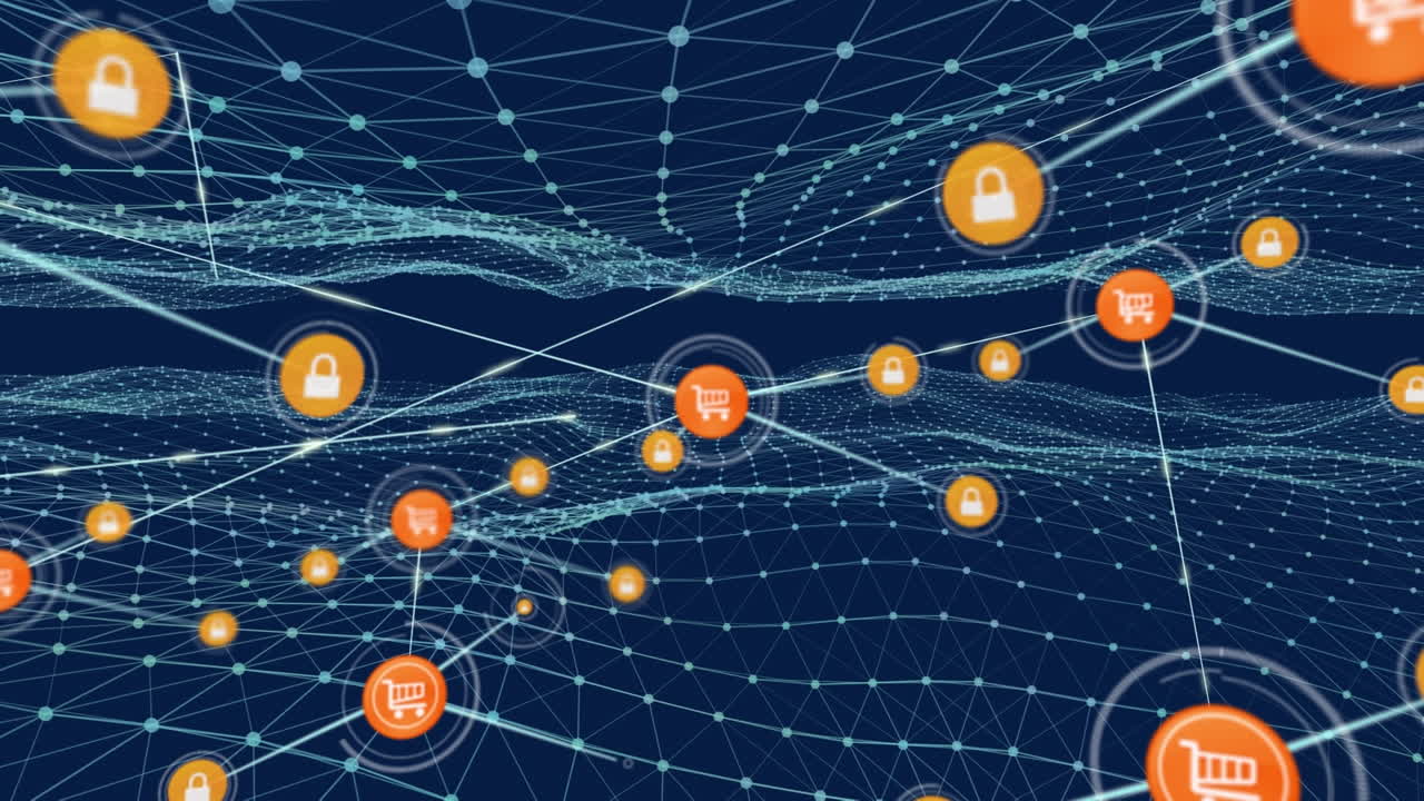 Animazione di una rete di connessioni con icone di shopping online su una griglia