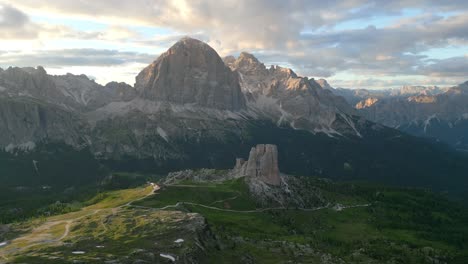 stunning 5 torri and tofane of dolomites in cortina at epic sunset, belluno province, italy