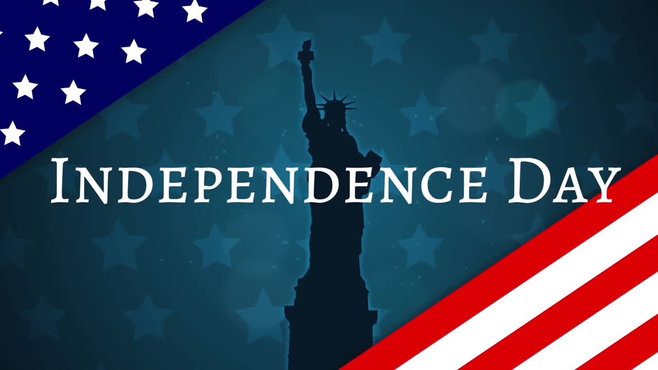 Animation of U.S. flag opening up, showing words Independence Day and a Statue of Liberty