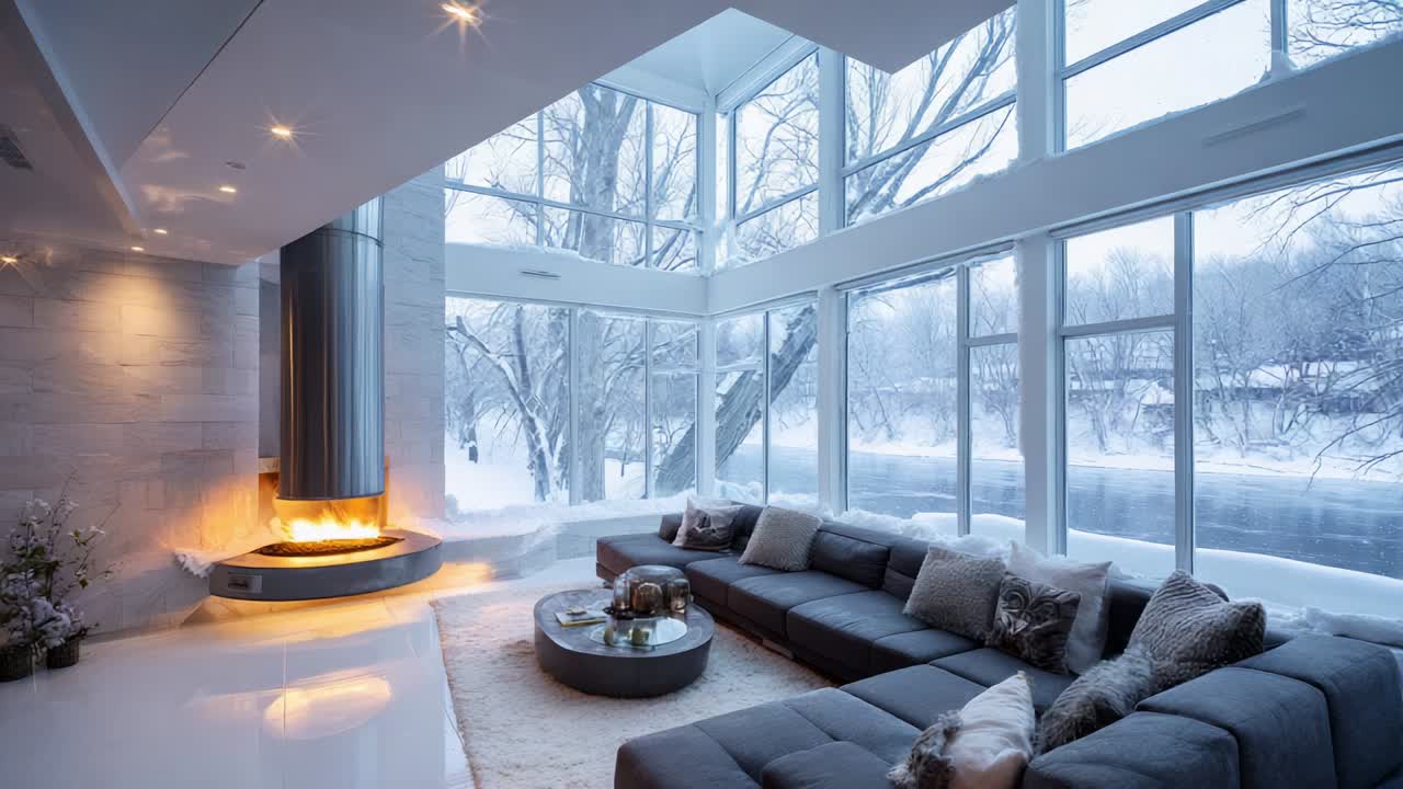 A Cozy Winter Retreat Featuring a Modern Living Room with an Elegant Fireplace, Large Windows Overlooking a Snowy Landscape, and Comfortable Seating for a Warm, Inviting Atmosphere
