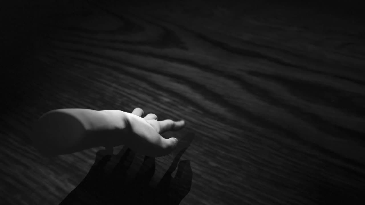 animación de la mano caminando en el espacio oscuro