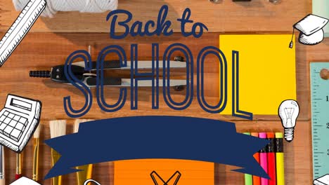 animation of text back to school and school equipment scrolling over stationery on desk