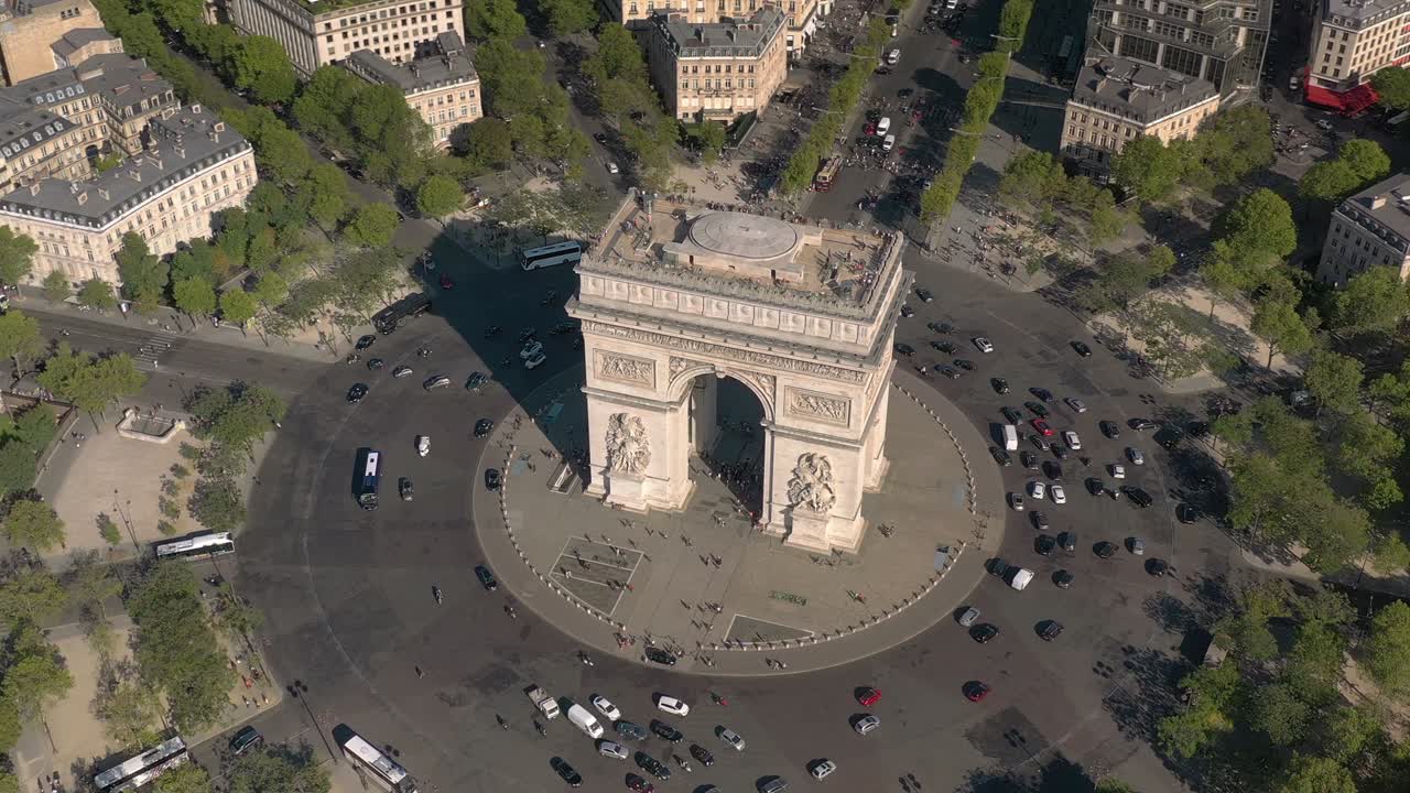 sunny day paris city flight over famous traffic circle triumph arch square aerial topdown view 4k france
