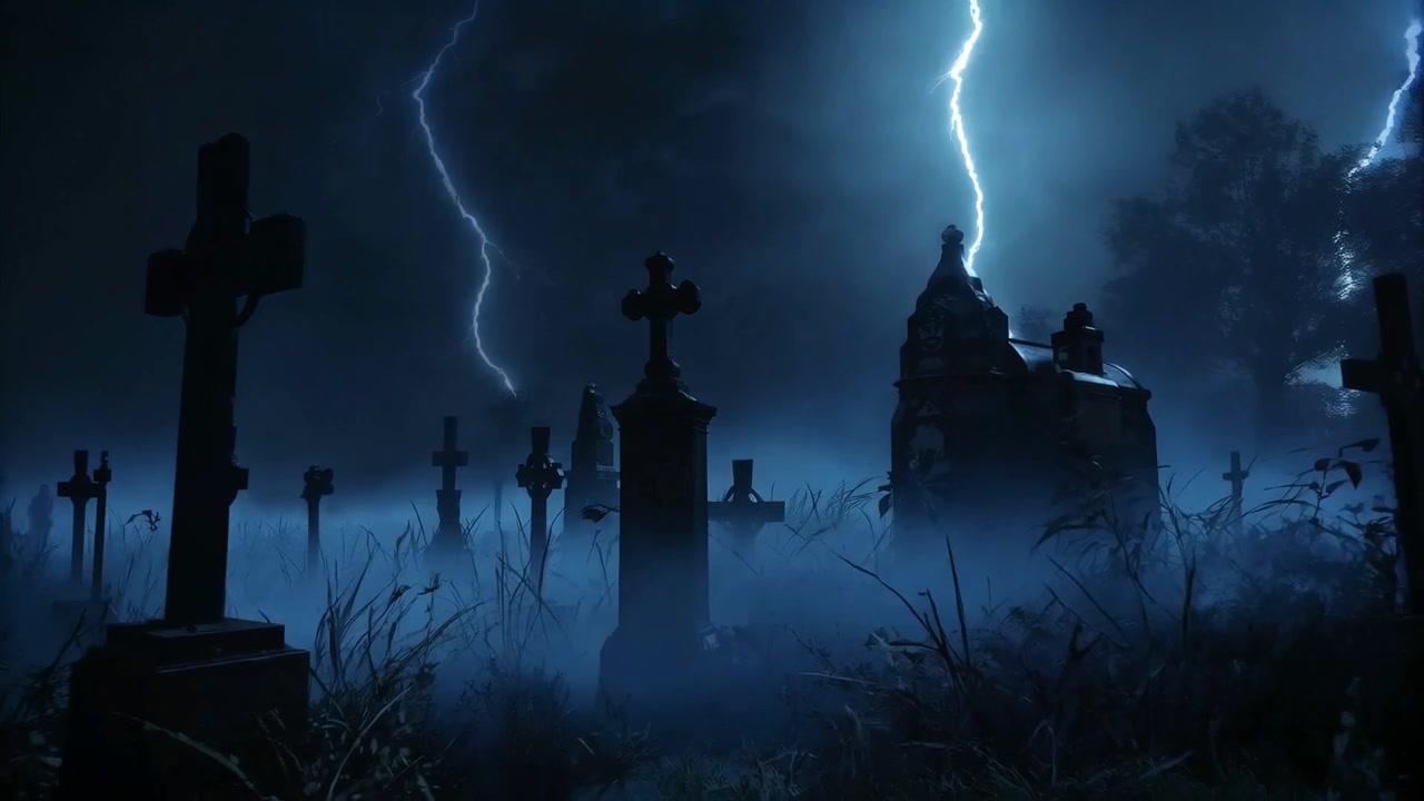 Fulmini lampeggianti che rivelano un gruppo centrale di lapidi e un mausoleo in un cimitero buio, con nebbia che si avvolge.