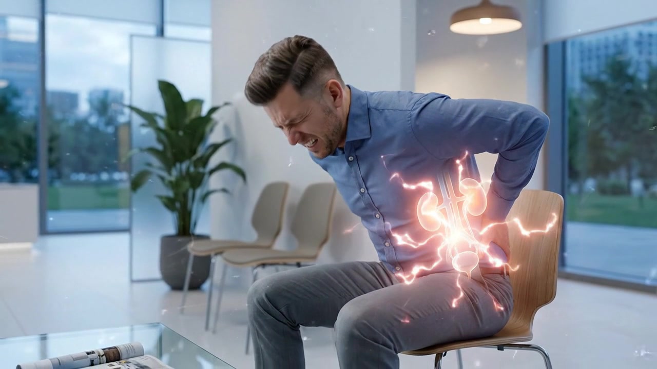 Seated man holding abdomen with glowing liver overlay in modern examination room