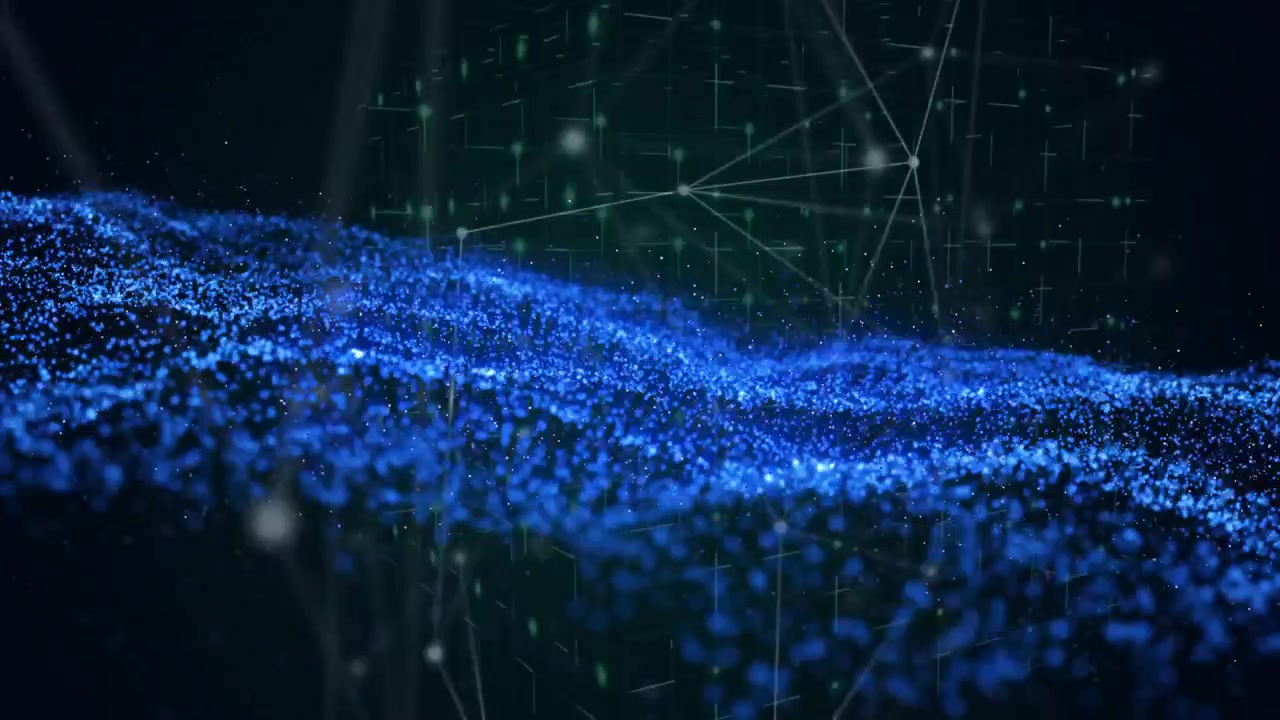 Blue particle cluster emerging in green grid spreading while white nodes pulsing to show data flow