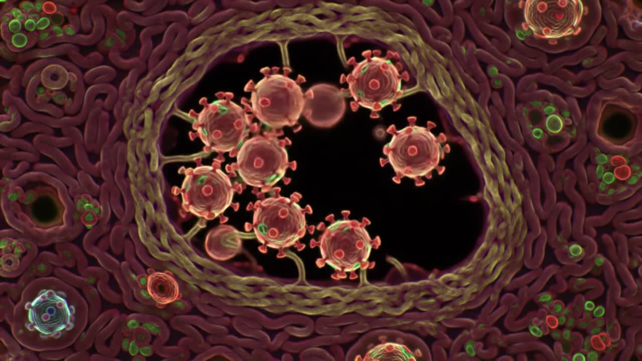 Witness the fascinating interactions of viruses inside a cell, showcasing their structures and movements in detail. This captivating exploration reveals microbial dynamics.