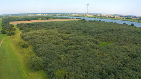 vista aérea de arriba del avión no tripulado volando sobre el río de tierras de cultivo en el fondo