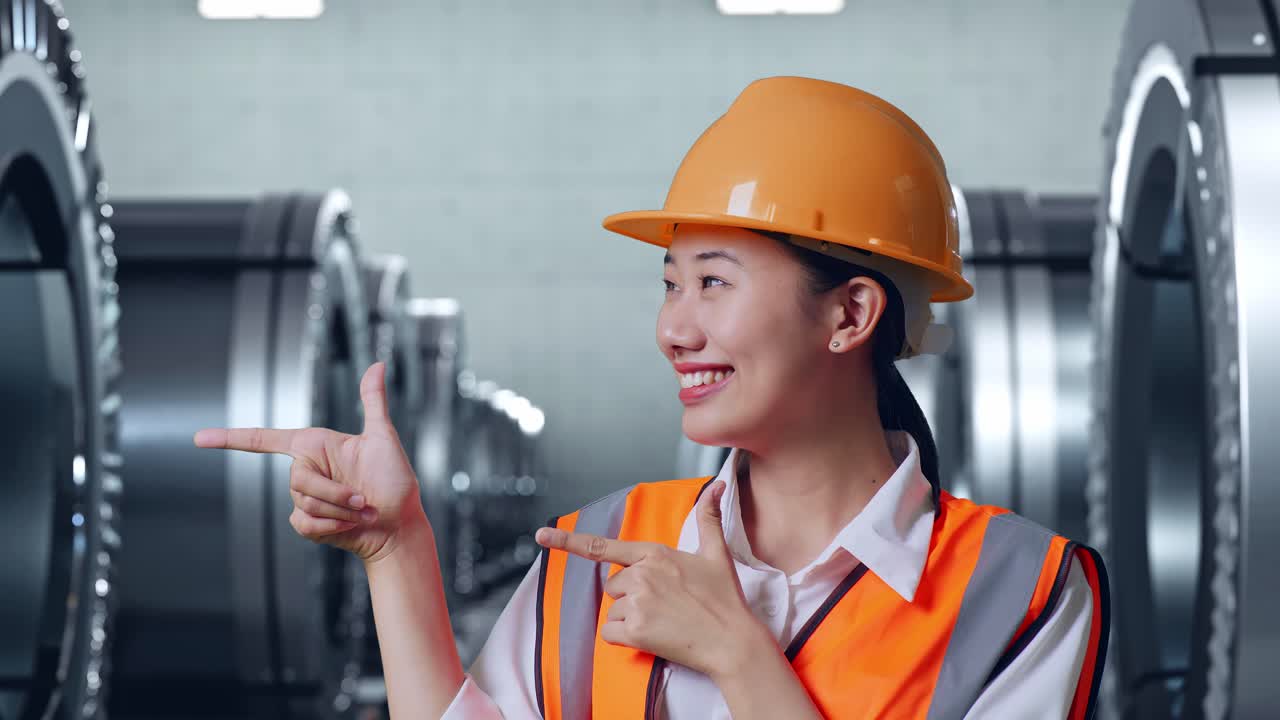 웃는 여성 엔지니어가 공장에서 무언가를 가리키고 있습니다.