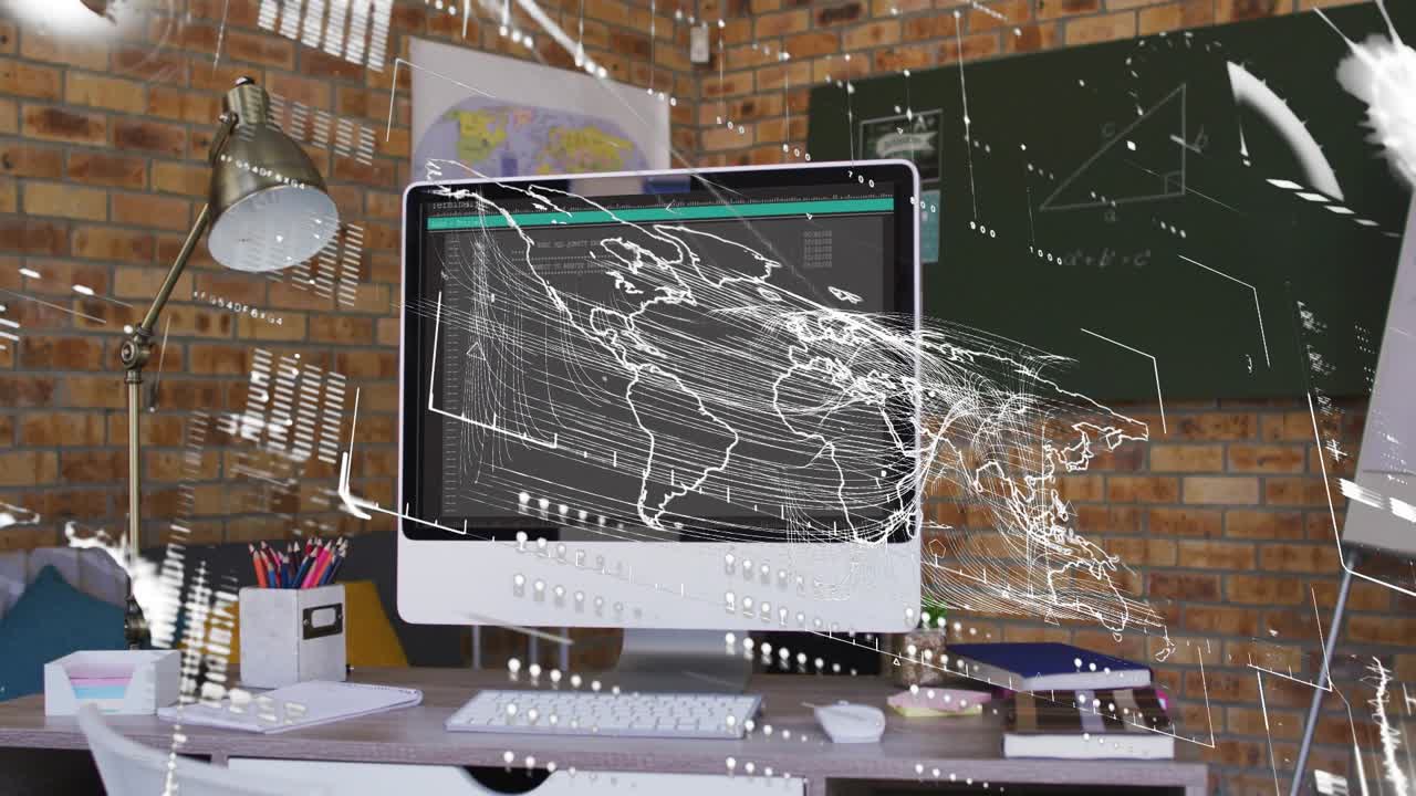 Map loading initiating, monitor displaying schematic map, HUD sweeping across desk, linking regions