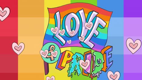 animation of hearts over rainbow love and pride text on rainbow background