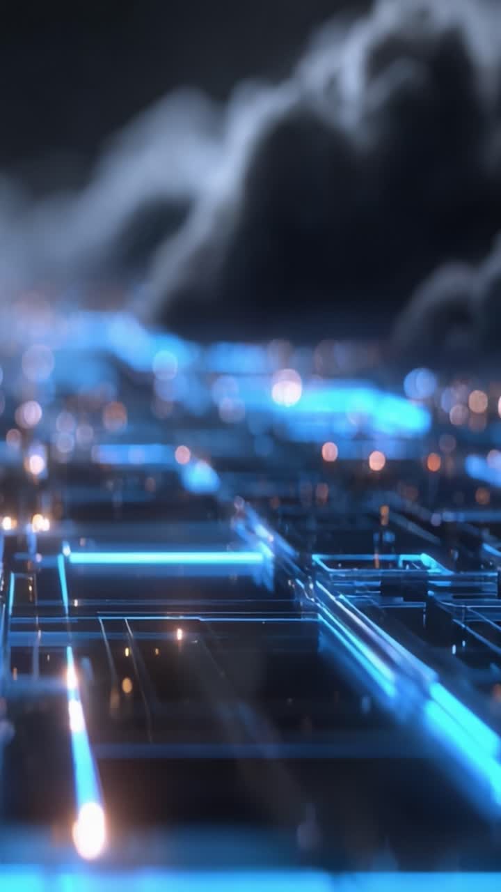 Et futuristisk landskap av glødende blå kretser midt i mørke skyer, som fanger essensen av digital tilkobling og teknologisk fremskritt i en fantastisk visuell fremstilling
