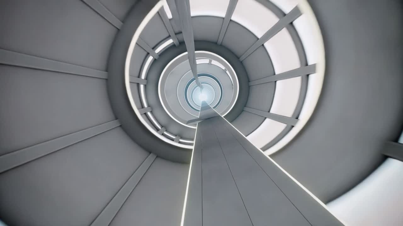 Una telecamera si solleva, ruotando verso l'alto attraverso un pozzo verticale, mettendo in mostra una colonna centrale, degli anelli e un lucernario.