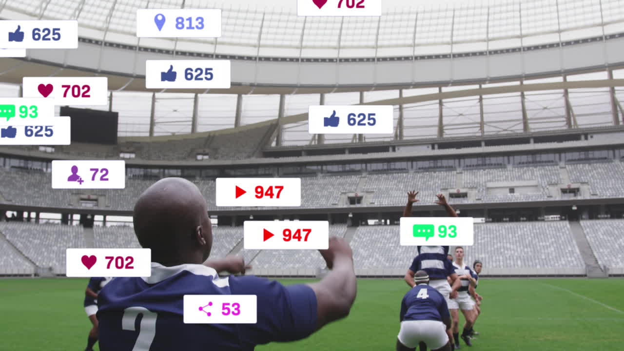Rugby players in stadium with social media notifications animation over them
