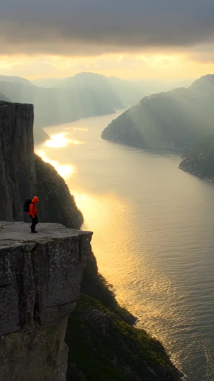 Vertikales Video: Pausierender Wanderer in orangefarbener Jacke mit Rucksack genießt Sonnenstrahlen, blickt auf Fjord, Platz für Text.