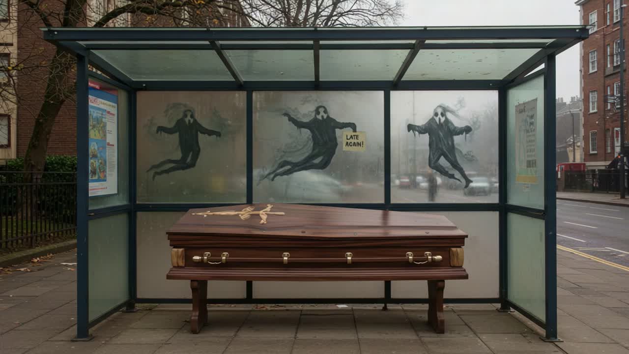 A Creative Bus Stop Installation Featuring a Coffin Display and Ghostly Figures, Engaging Passersby with Its Unique Artistic Approach to Life and Death