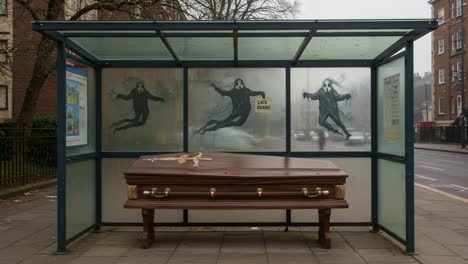 a creative bus stop installation featuring a coffin display and ghostly figures, engaging passersby with its unique artistic approach to life and death