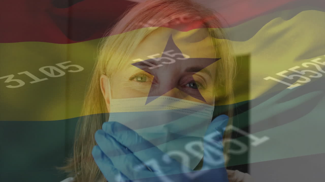 Animation of flag of ghana over caucasian female doctor in face mask