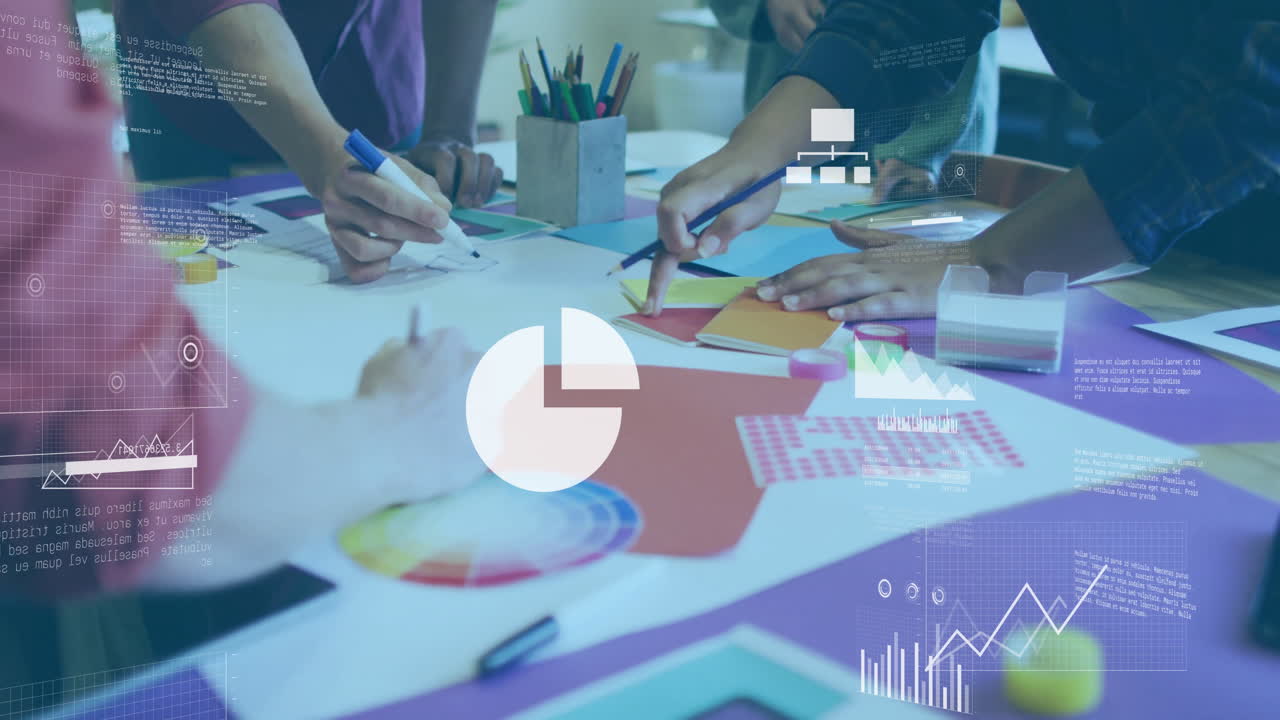 Collaborating on colorful charts in school, people analyzing data with animation overlay