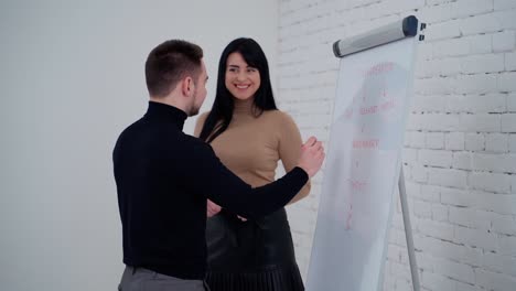 business workers talk about their company. man is writing on a board while pretty woman talking to him and smiles.young couple working in office.