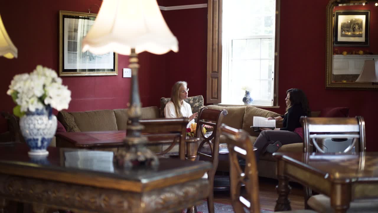 Two women chatting in a cozy living room