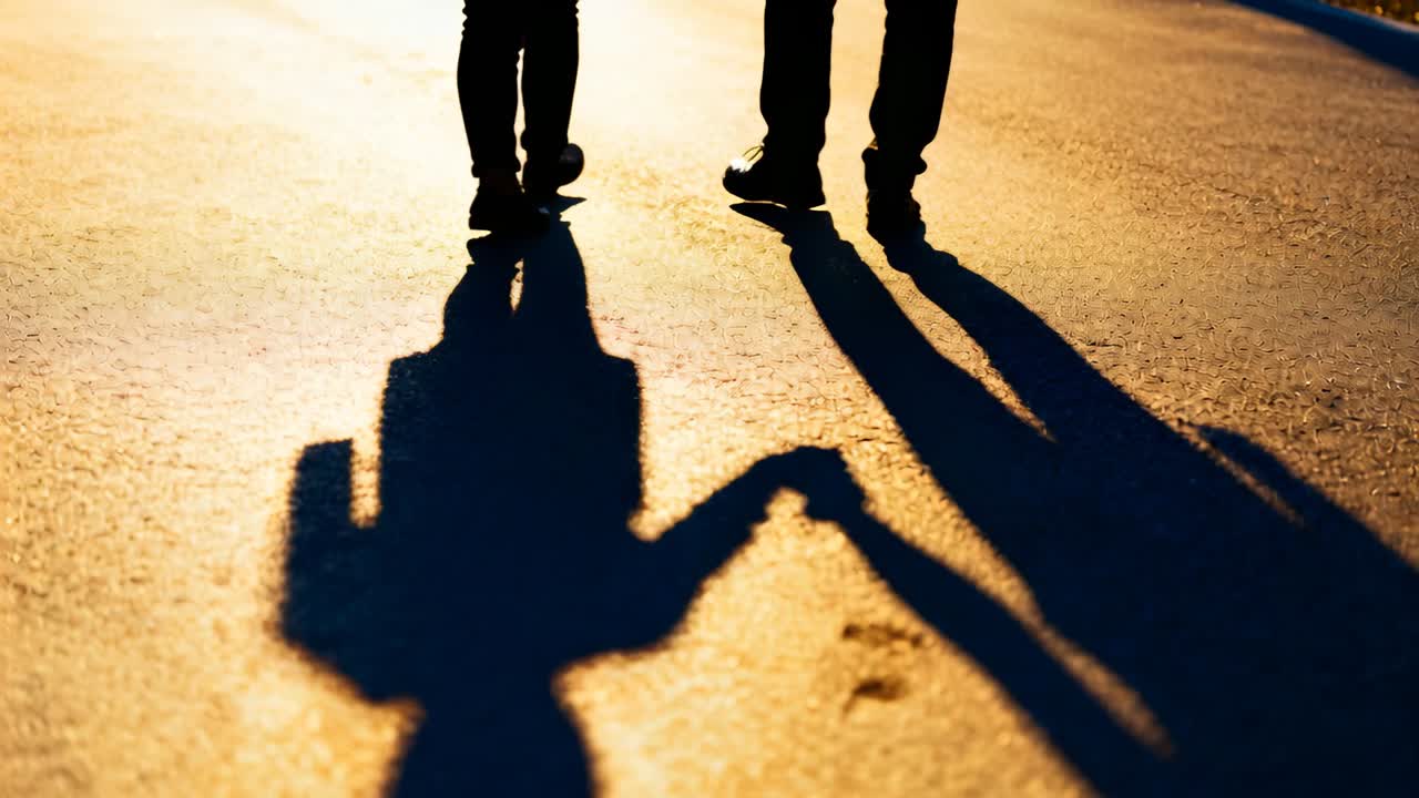Walking two adults holding hands along walkway, wearing coat, boots, low sun casting long shadows