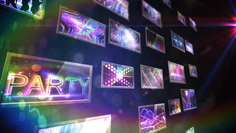 composition of screens with colorful texts and disco light effects on black background