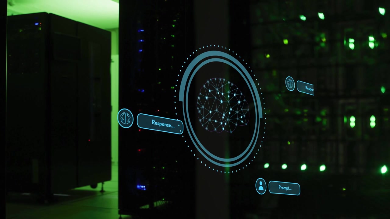 Green pulse starting holo brain pulsing, linking nodes, sliding Prompt or Response, showing AI flow