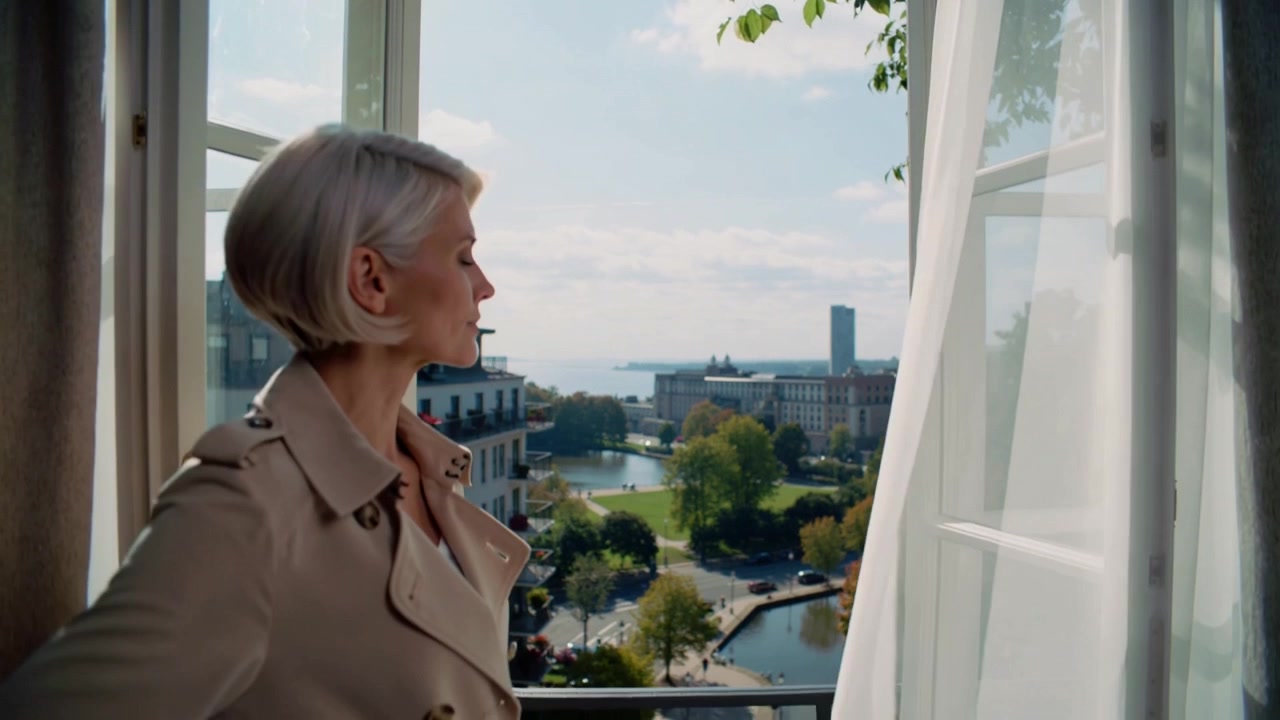 Una brezza fa entrare una donna da una finestra aperta in una stanza con vista sul fiume, mentre si aggiusta il trench, con spazio per il testo.
