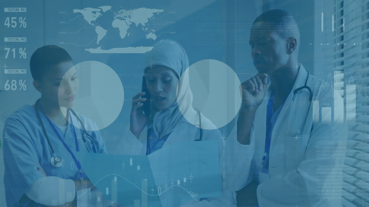 Animazione di elaborazione dati su un team di medici di diverse etnie che parla al telefono discutendo referti.