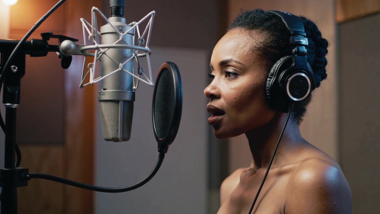 Un(e) vocaliste inspirant(e), vêtu(e) d'un haut sans bretelles, enregistre une prise vocale, modelant et maintenant une note avec un micro à condensateur.