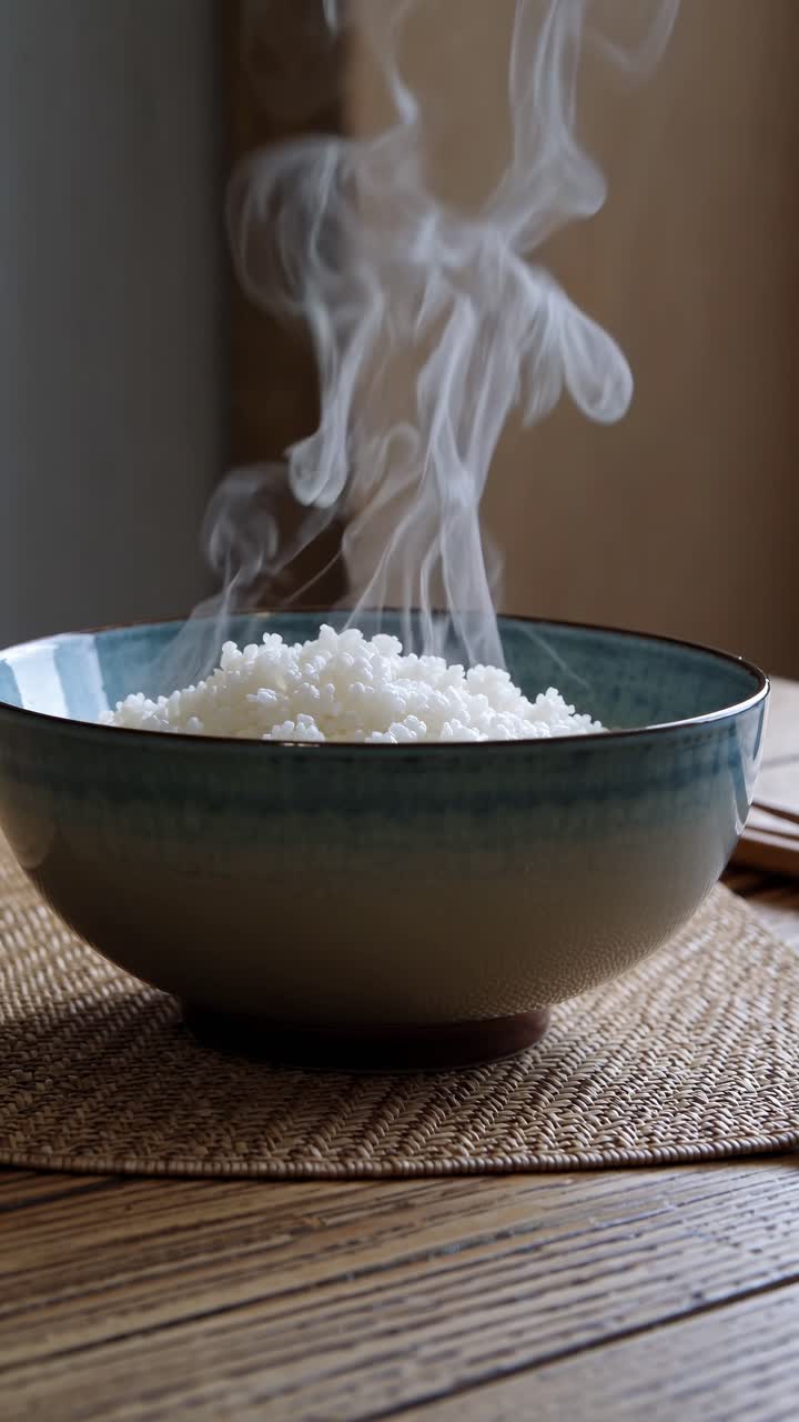A steaming bowl of rice captured in a close-up angle, highlighting the ...