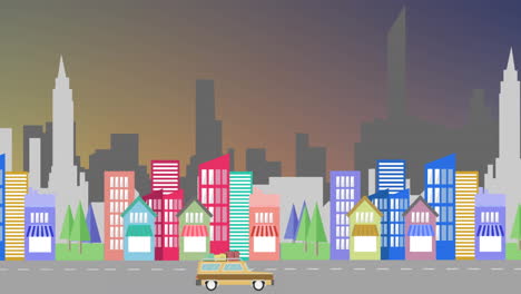 animation of car moving against cityscape in background